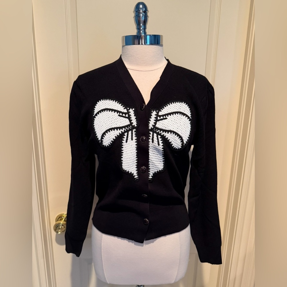 Elegant Black Cardigan with White Bow